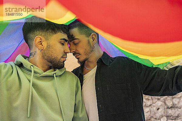 Schwules Paar mit geschlossenen Augen unter Regenbogenfahne