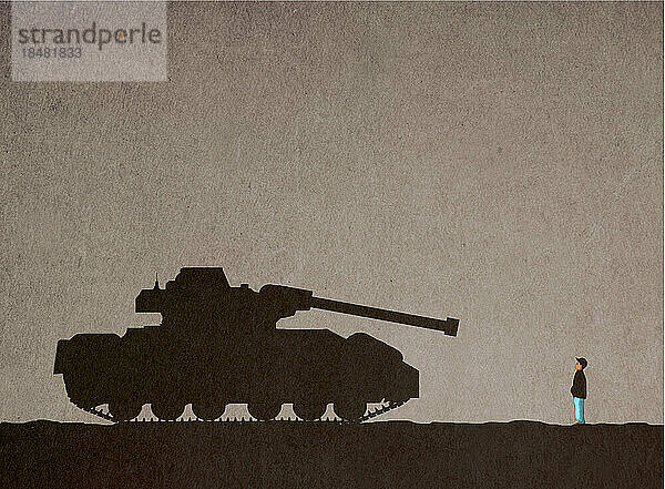 Illustration of boy standing in front of tank