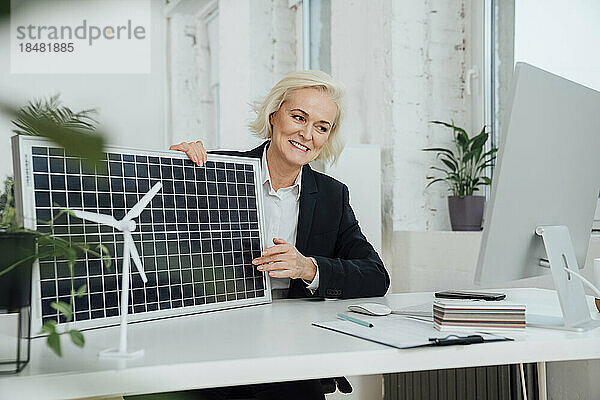 Lächelnde Geschäftsfrau diskutiert per Videoanruf am Computer über Solarpanel