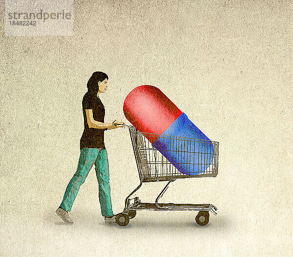 Illustration einer Frau  die einen Einkaufswagen mit einer großen medizinischen Kapsel schiebt