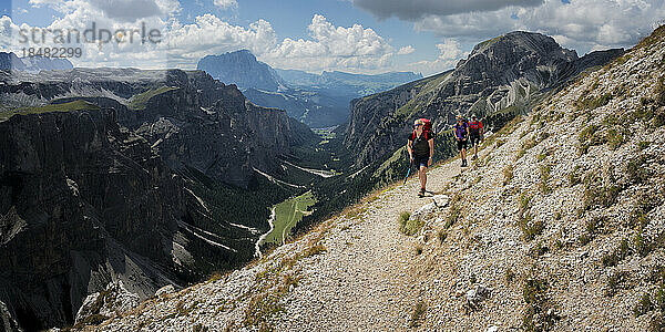Frauen und Männer wandern an einem sonnigen Tag in den Dolomiten  Italien  zum Rifugio Puez
