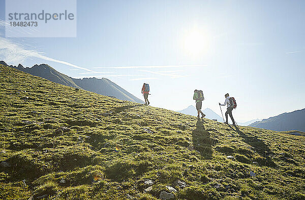 Österreich  Tirol  Wanderer  die im Sommer durch die grüne Alpenlandschaft reisen und die Sonne erhellen