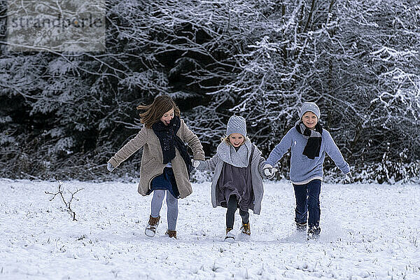 Fröhliche Brüder und Schwestern halten sich an den Händen und laufen auf Schnee