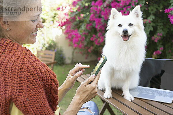 Glückliche Frau benutzt Smartphone und Hund sitzt auf Tisch im Garten