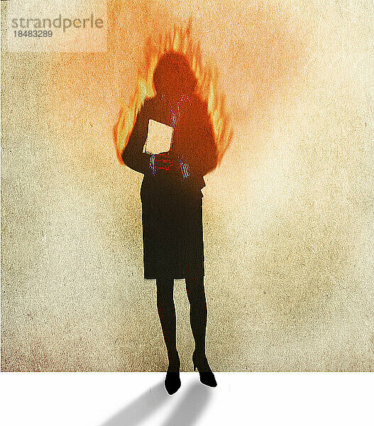 Illustration of businesswoman covered in flames symbolizing mental burnout