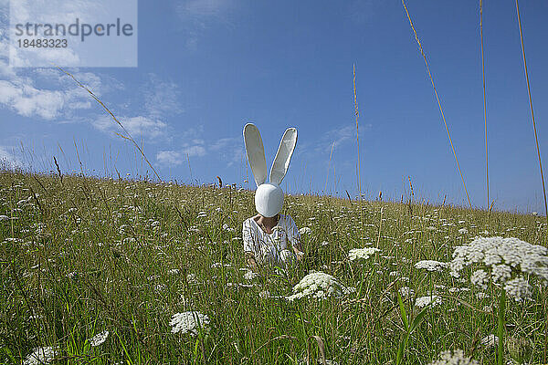 Woman wearing rabbit mask crouching in field under sky
