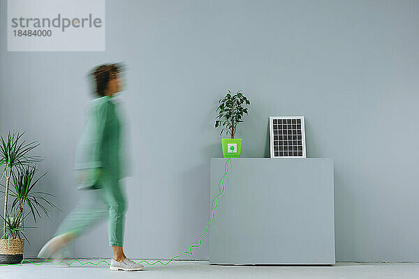 Blurred woman walking by electric plug connected to potted plant near solar panel in front of gray wall