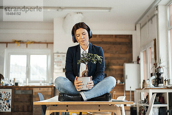Junge Geschäftsfrau mit Topfpflanze sitzt am Schreibtisch