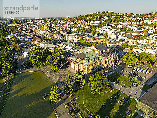 Drone view of Staatstheater in city on sunny day  Stuttgart  Germany