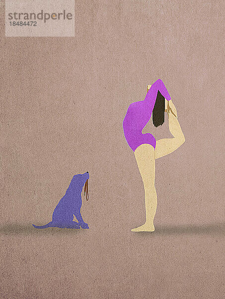 Illustration eines Hundes  der darauf wartet  dass die Frau ihre Yoga-Übungen beendet