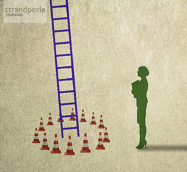 Illustration einer Geschäftsfrau  die auf eine von Leitkegeln umgebene Leiter blickt