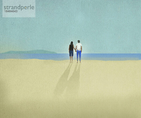 Illustration eines jungen Paares  das sich am Sandstrand an den Händen hält