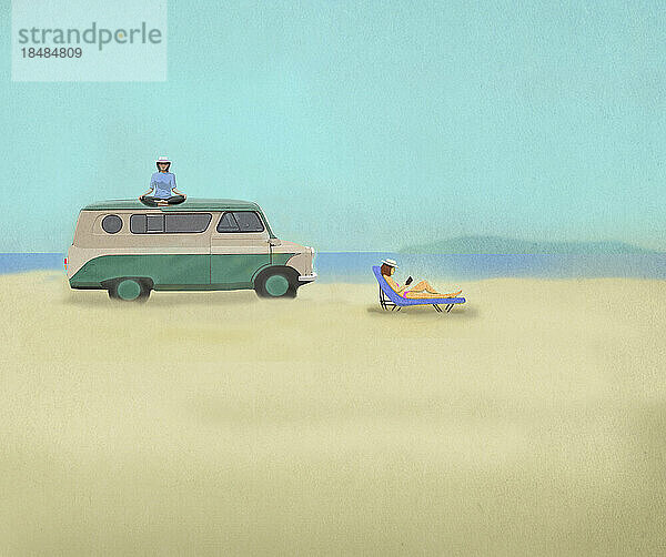Illustration von zwei Frauen  die sich im Sommer am Sandstrand entspannen