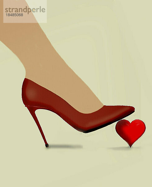 Der Fuß einer Frau mit roten Absätzen stampft auf das Herz