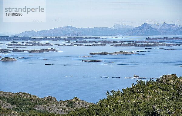 Ausblick auf Meer mit Schäreninseln von Svellingsflaket und Berge  vom Wanderweg zum Dronningsvarden oder Stortinden  Vesterålen  Norwegen  Europa