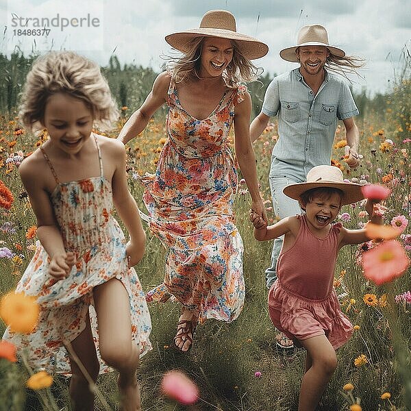 Lachende Familie  die bei strahlendem Sonnenschein durch ein Feld läuft  Ai erzeugt