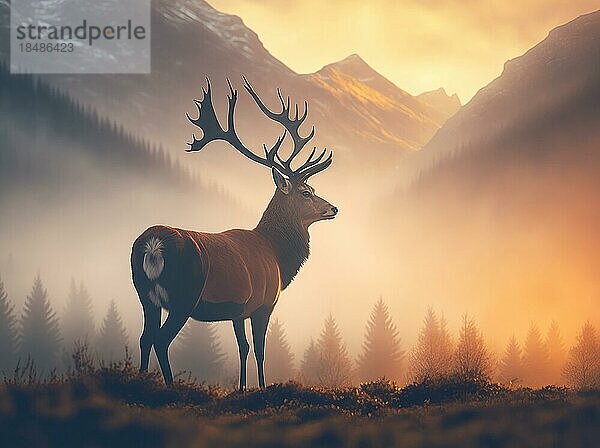 Ein Hirsch im Morgendunst bei Sonnenaufgang  hinten Nebel  Wald und Berge  AI generiert