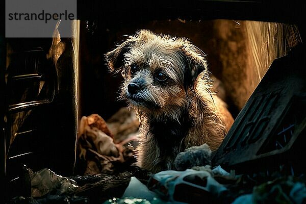 Trauriger kleiner Hund  der zwischen Müll in einer Mülltonne ausgesetzt wurde. Generative KI