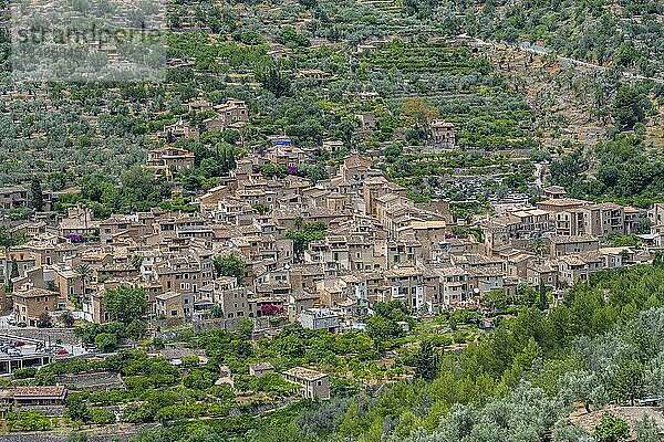 Ausblick auf typische Häuser des Bergdorf Fornalutx mit Berglandschaft  Serra de Tramuntana  Mallorca  Balearen  Spanien  Europa