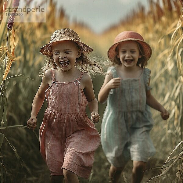 Lachende Kinder  die bei strahlendem Sonnenschein durch ein Feld rennen  Ai erzeugt
