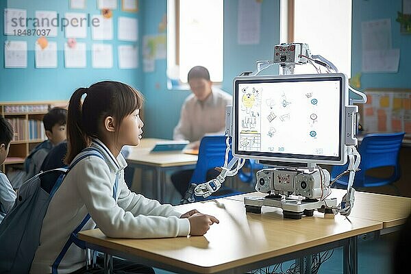 Eine asiatische Schülerin lernt in einer Schulklasse mit einem Lern-Roboter mit Monitor  hinten Lehrer und andere Schüler  AI generiert