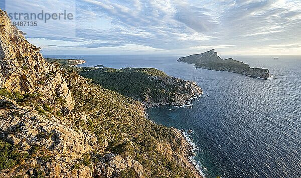 Ausblick auf Berge und Küste mit Meer  im Abendlicht  Wanderung nach La Trapa von Sant Elm  hinten Insel Sa Dragonera  Serra de Tramuntana  Mallorca  Spanien  Europa