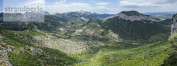 Blick über die Berge der Serra de Tramuntana  Tal von Orient  Castell Alaró  Puig dAlaró  Mallorca  Spanien  Europa