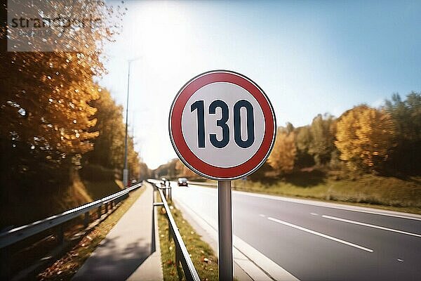 Geschwindigkeitsbegrenzungsschild von 130 kmh auf einer deutschen Autobahn. Generative KI