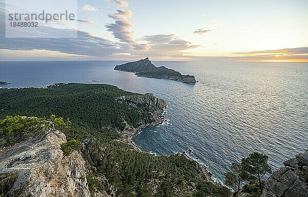 Ausblick auf Berge und Küste mit Meer  bei Sonnenuntergang  Wanderung nach La Trapa von Sant Elm  hinten Insel Sa Dragonera  Serra de Tramuntana  Mallorca  Spanien  Europa