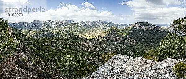 Blick über die Berge der Serra de Tramuntana  Tal von Orient  Castell Alaró  Puig dAlaró  Mallorca  Spanien  Europa