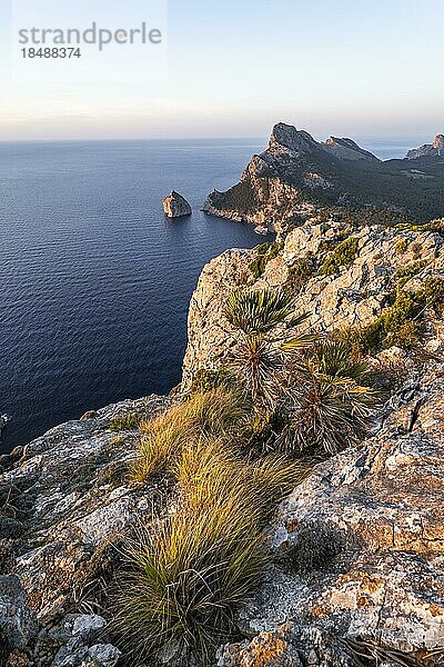 Ausblick auf felsige Klippen und Meer  Cap Formentor bei Sonnenuntergang  Küstenlandschaft  Pollença  Mallorca  Balearen  Spanien  Europa