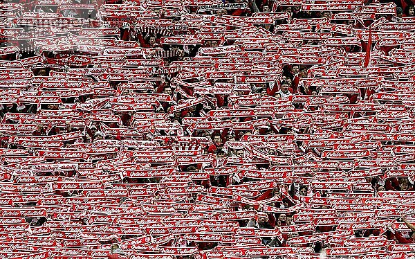 RheinEnergieStadion Köln  2.4.2023  Fussball: 1.Bundesliga Saison 202223  26.Spieltag 1.FC Köln (KOE) vs Borussia Mönchengladbach (BMG)  Köln Fans präsentieren ein Meer aus roten Schals DFL REGULATIONS PROHIBIT ANY USE OF PHOTOGRAPHS AS IMAGE SEQUENCES ANDOR QUASI-VIDEO