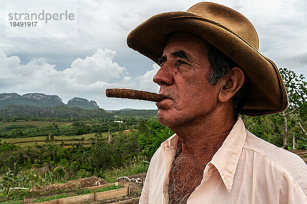 Tabakplantagenarbeiter mit Zigarre  auf Talrücken  Vinales  Kuba  Westindien  Karibik  Mittelamerika