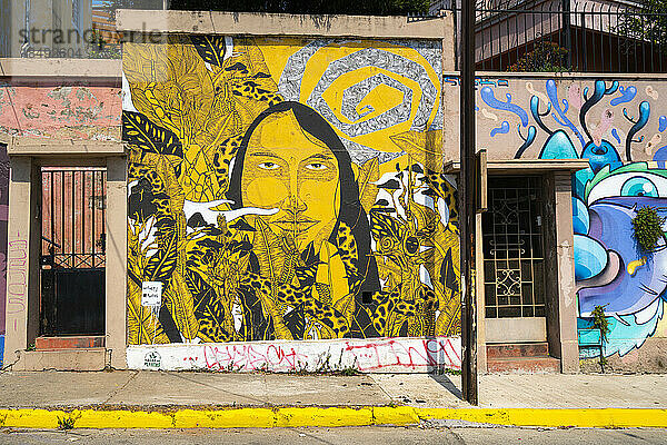 Wandgemälde an einem Wohnhaus in der Avenida Alemania  Cerro Alegre  Valparaiso  Chile  Südamerika