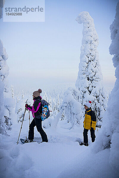 Fröhliche Mutter mit Sohn beim Schneeschuhwandern im gefrorenen Wald  Oulanka-Nationalpark  Ruka Kuusamo  Lappland  Finnland  Europa