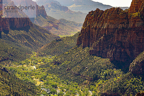 Zion Canyon  aufgenommen von Angels Landing am sonnigen Tag  Zion National Park  Utah  Vereinigte Staaten von Amerika  Nordamerika