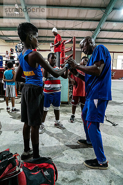 Junger Boxer wird vom Trainer mit Handschuhen angefasst  Boxakademie Trejo  Havanna  Kuba  Westindien  Karibik  Mittelamerika