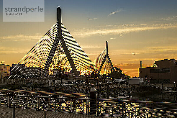 Zakim Bunker Hill Memorial Bridge bei Sonnenuntergang  Boston  Massachusetts  Neuengland  Vereinigte Staaten von Amerika  Nordamerika