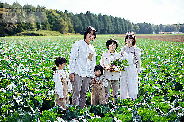 Japanische Familie arbeitet im Gemüsegarten