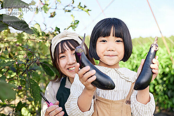 Japanische Mutter und Kind arbeiten im Gemüsegarten