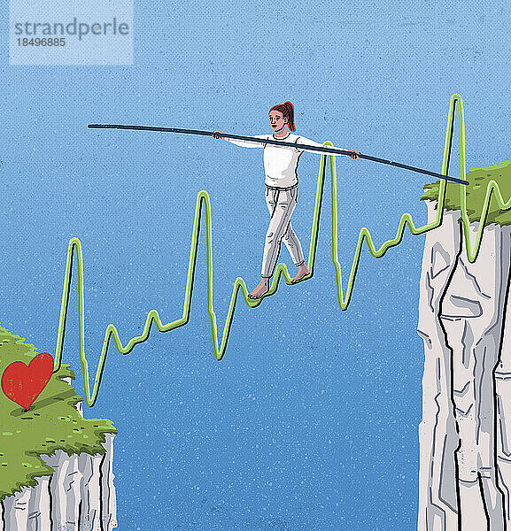 Frau geht auf einem EKG-Drahtseil