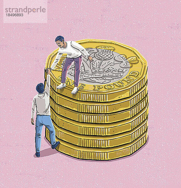 Mann bekommt eine helfende Hand auf einem Stapel Pfundmünzen