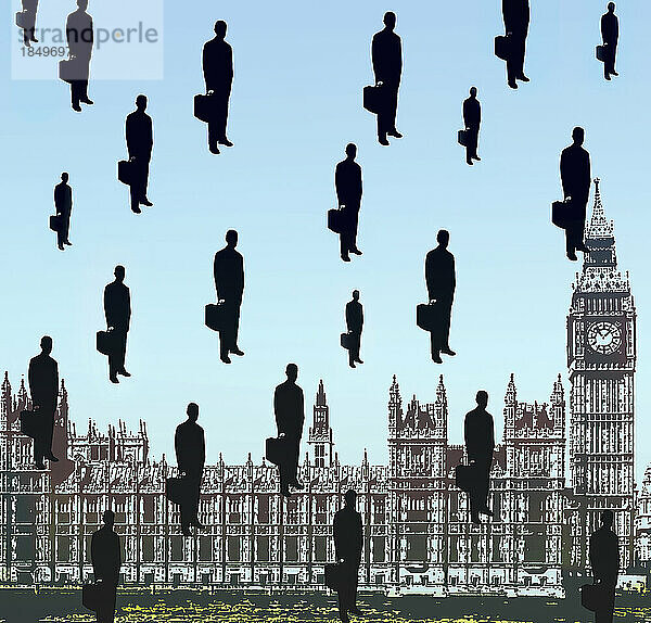 Silhouetten von Geschäftsleuten über den Houses of Parliament in einem Magritte-Pastiche