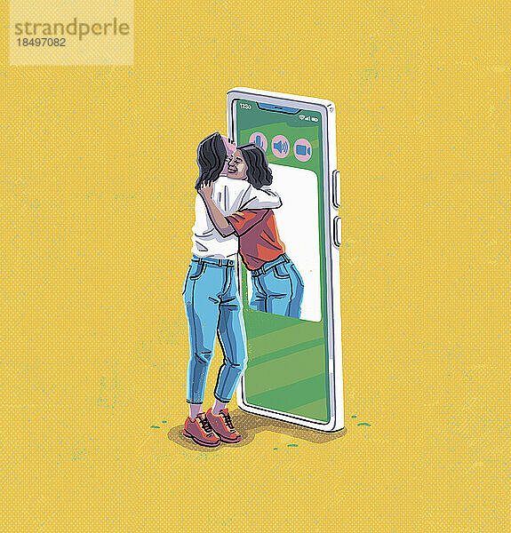 Frauen umarmen sich durch einen Smartphone-Bildschirm