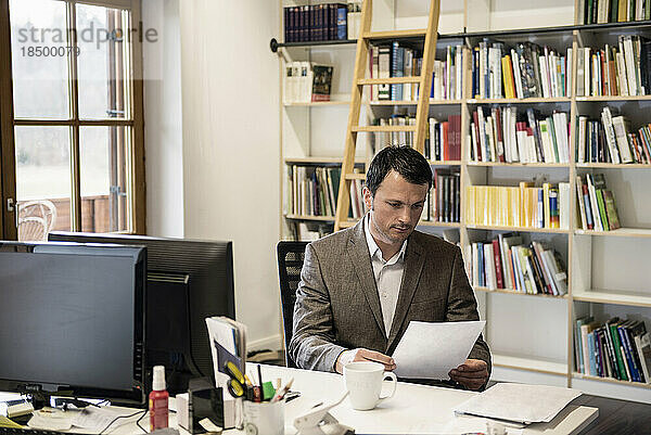 Reifer Geschäftsmann liest Papiere in einem Büro  Bayern  Deutschland