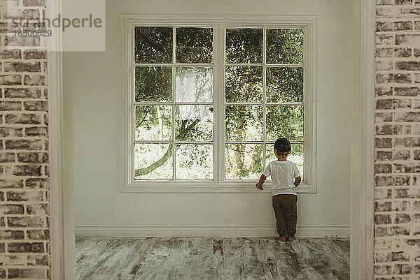 Toddler boy looking out window at trees in natural light studio