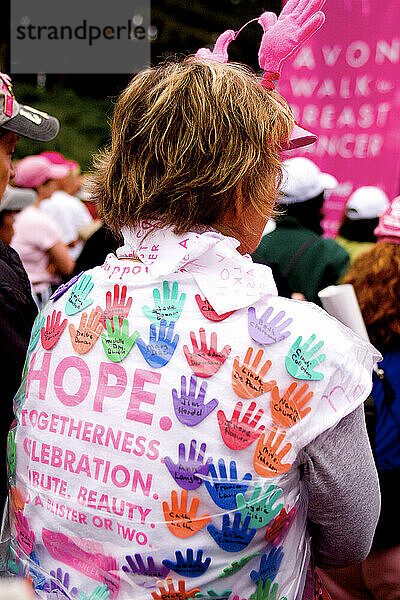 Woman wears a HOPE shirt at a breast cancer walk in San Francisco.