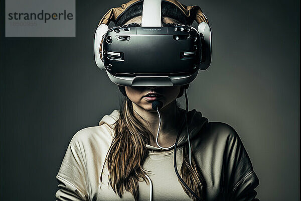 Studioaufnahme einer jungen Frau  die ein VR-Gerät trägt