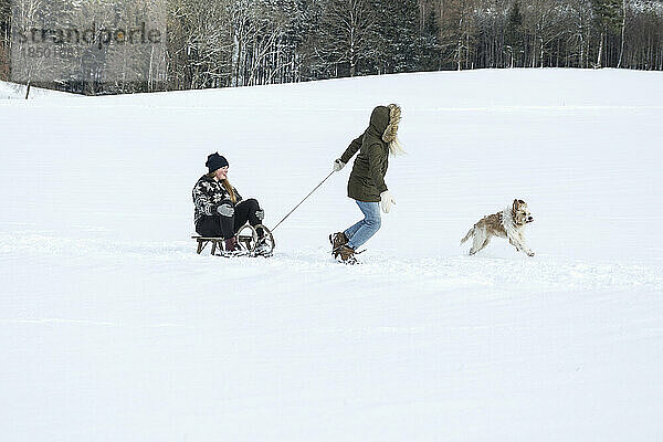 Zwei Mädchen und ein Hund mit Rutsche in verschneiter Landschaft im Winter  Bayern  Deutschland