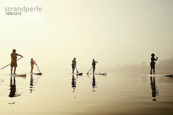 Eine Gruppe Standup-Paddle-Boarder an einem nebligen Morgen bei Sonnenaufgang